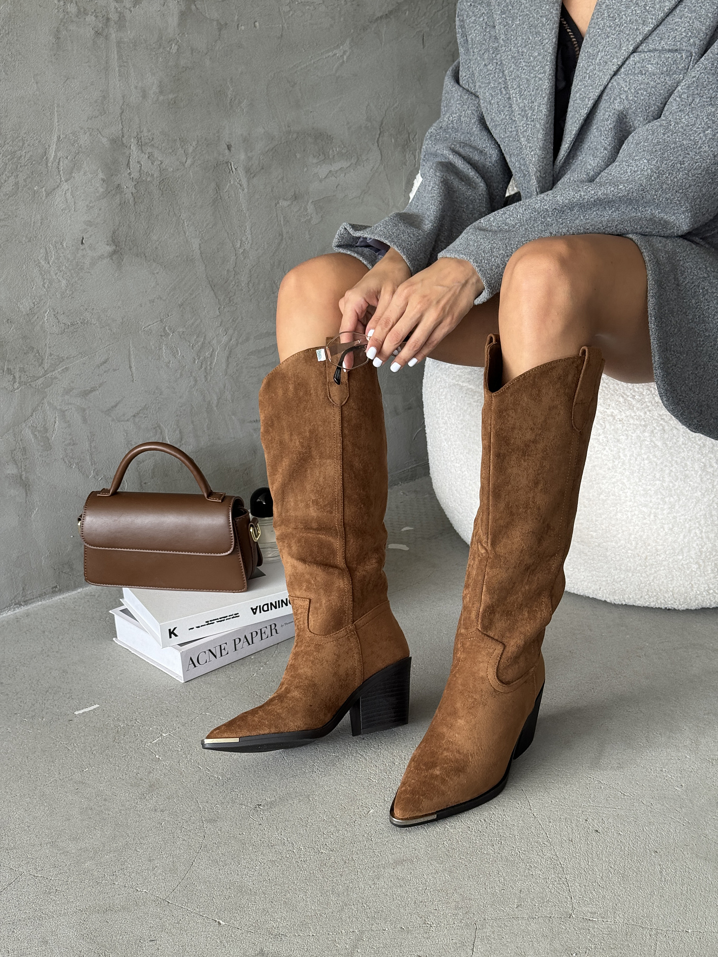 Сапоги казаки женские экозамша шерсть