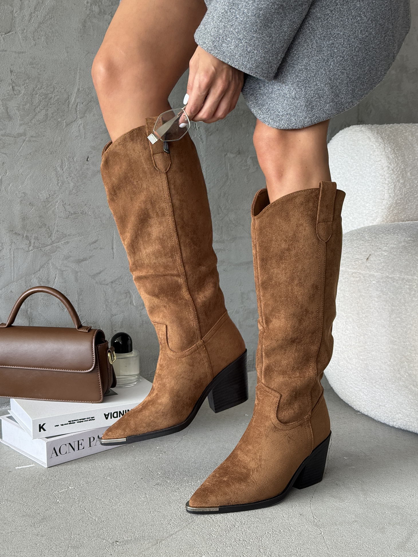 Сапоги казаки женские экозамша шерсть